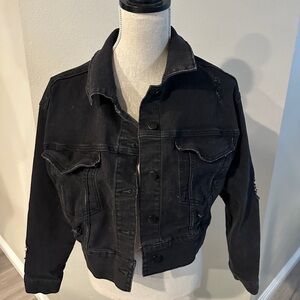 wild fable Black Cropped Denim Jacket with Subtle Distressing